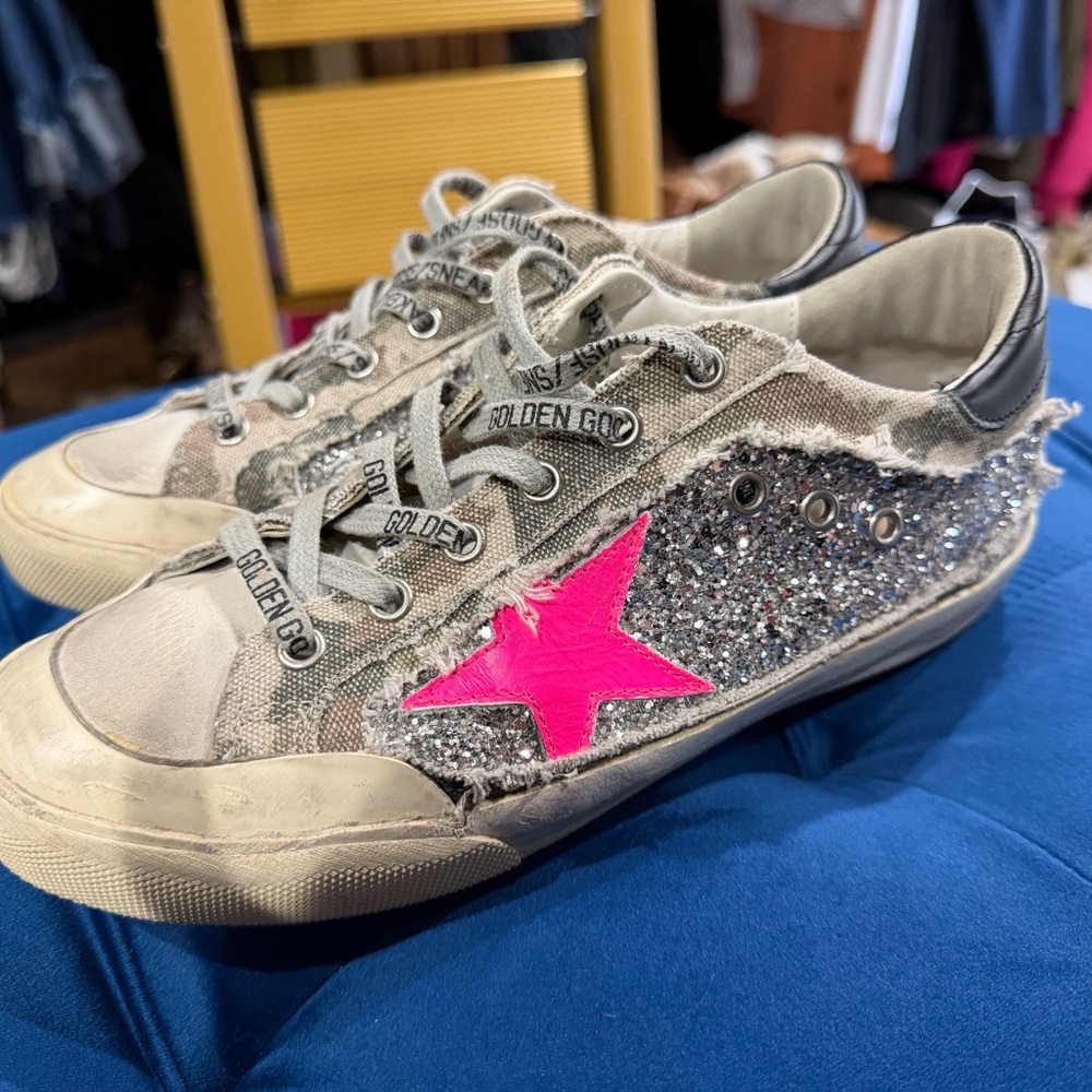 Golden Goose Kids Silver Glitter Sneaker with Hot Pink Star Accent